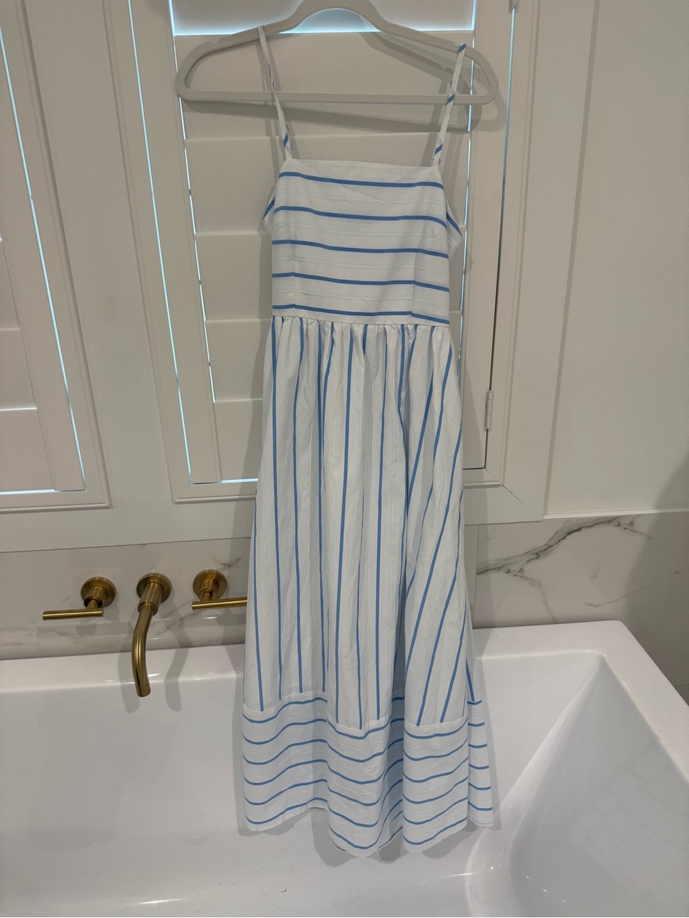 White and Light Blue Striped Spaghetti Strap women’s Dress